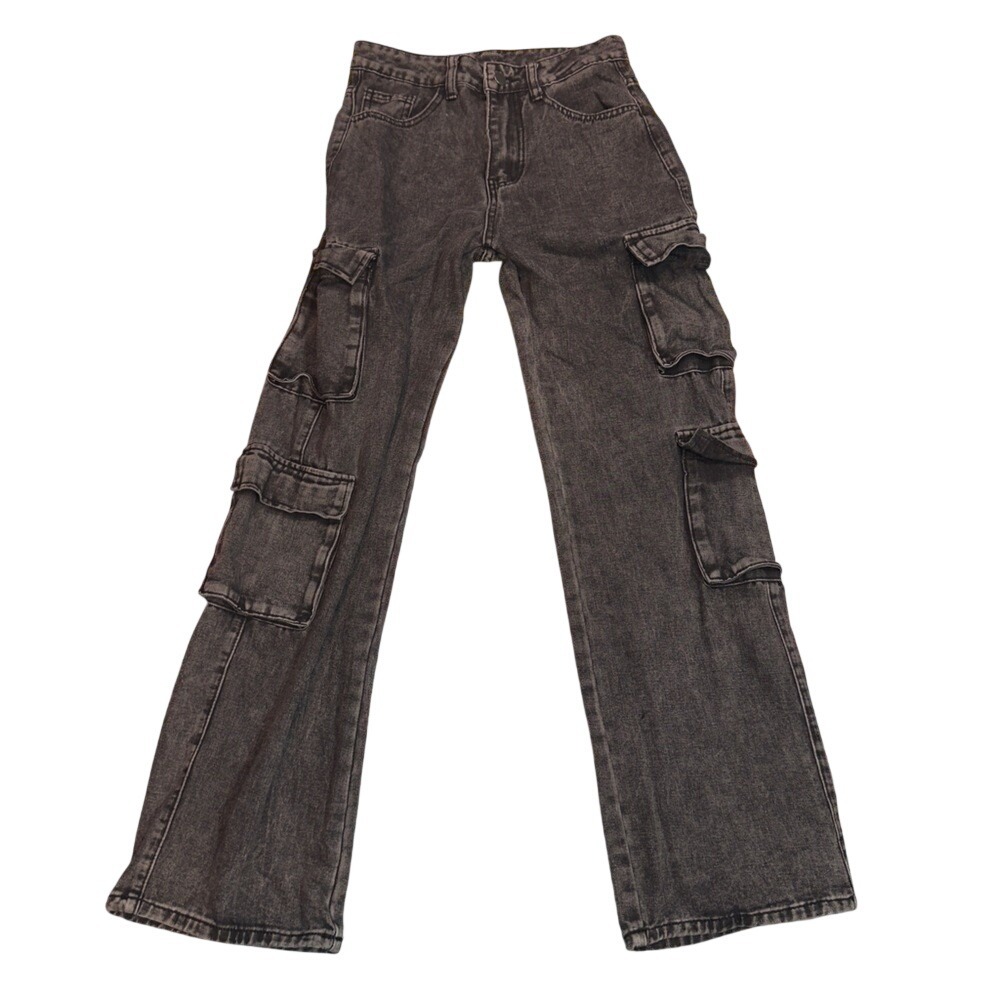 Forever 21 Baggy Cargo Denim Jeans Grey Acid Wash Wide‎ Leg Womens XS Utility